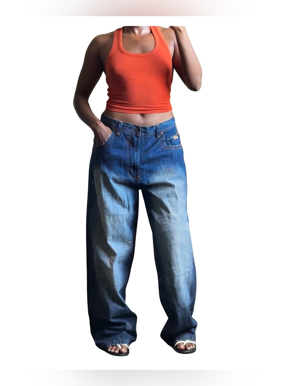 VTG Y2K 2000s unisex low rise studded baggy jeans wide distressed leg denim, 36